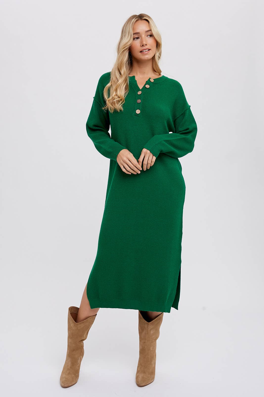 Bluivy - BUTTON FRONT MIDI SWEATER DRESS: FOREST / M