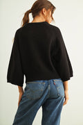 MIOU MUSE - T6252   ROUND NECK 3/4 SLEEVE KNITTED TOP: BLACK