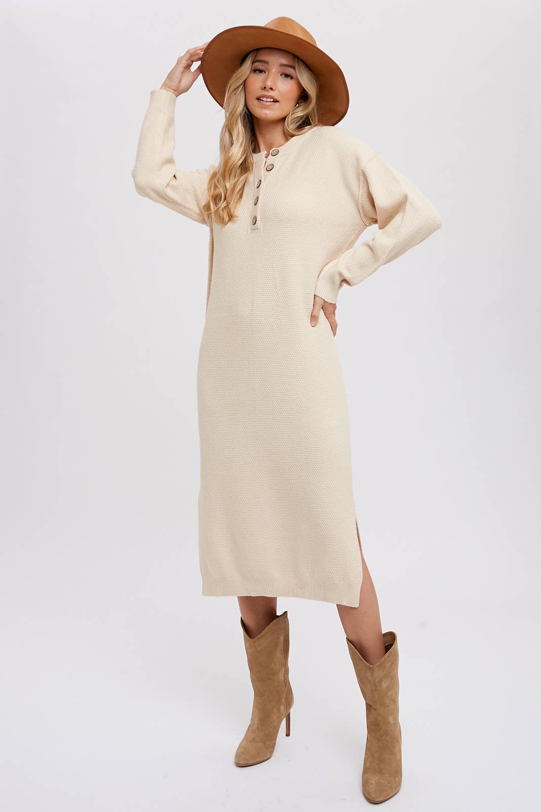 Bluivy - BUTTON FRONT MIDI SWEATER DRESS: FOREST / M