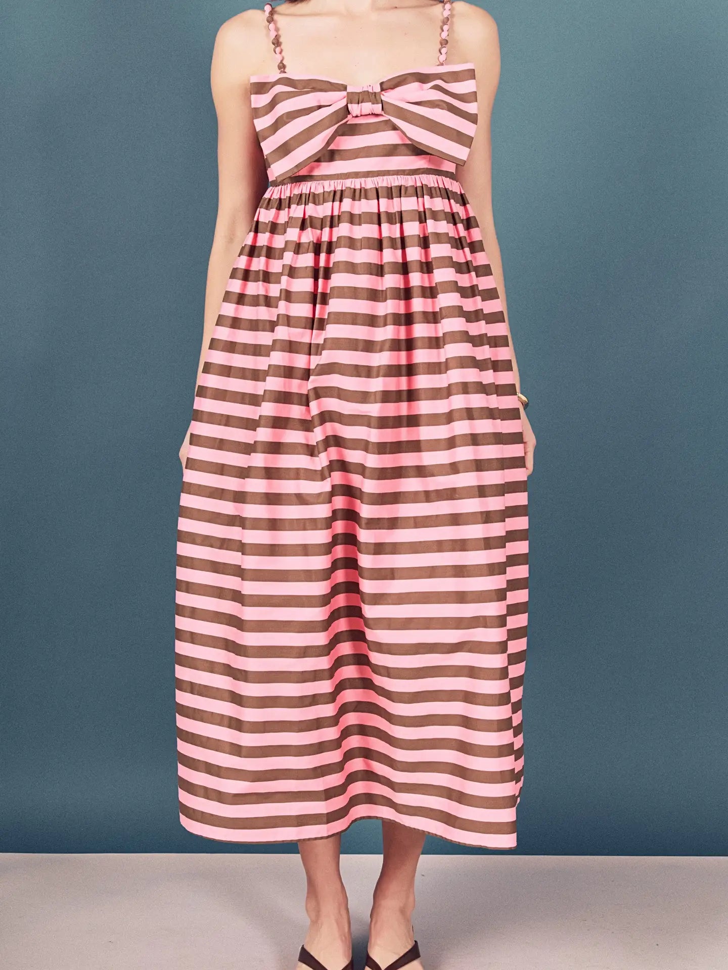 English Factory Striped Midi Dress Brown and Pink