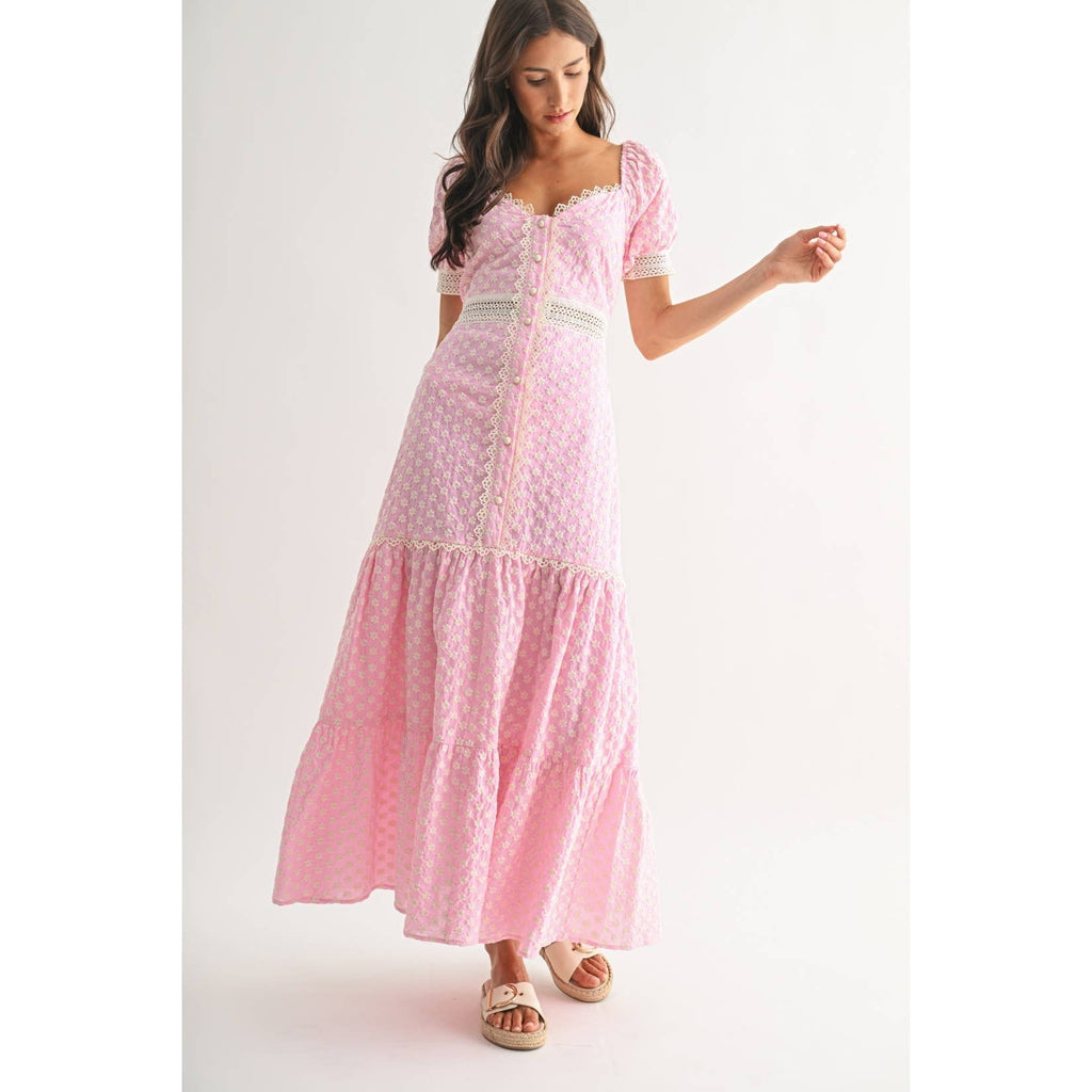 Camellia - PINK LACE-TRIMMED MAXI DRESS: LIGHT PINK/IVORY