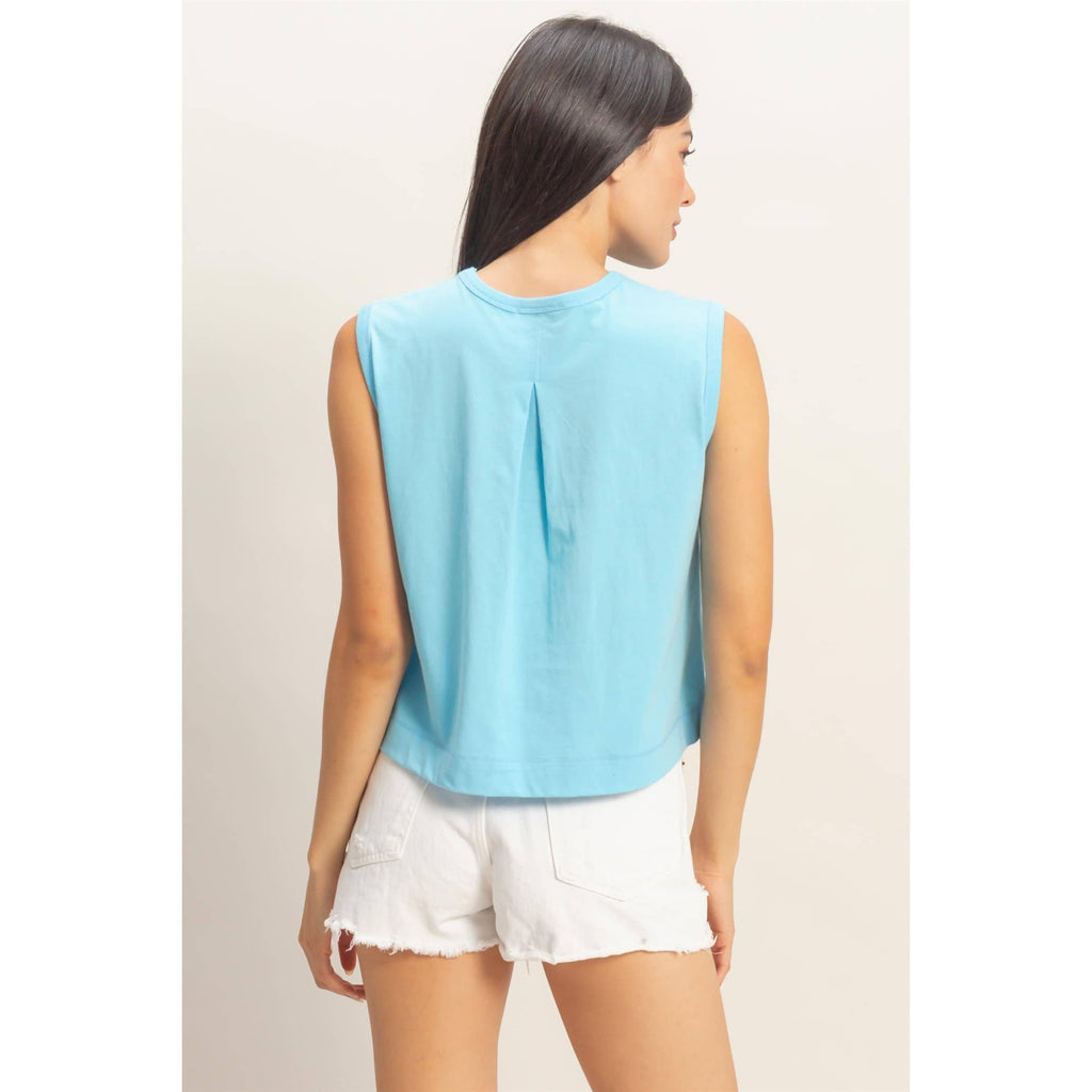 Double Zero - Sleeveless Crew Neck Top With Back Pleats: BLUE