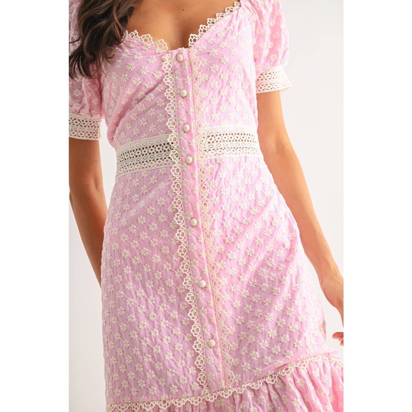 Camellia - PINK LACE-TRIMMED MAXI DRESS: LIGHT PINK/IVORY