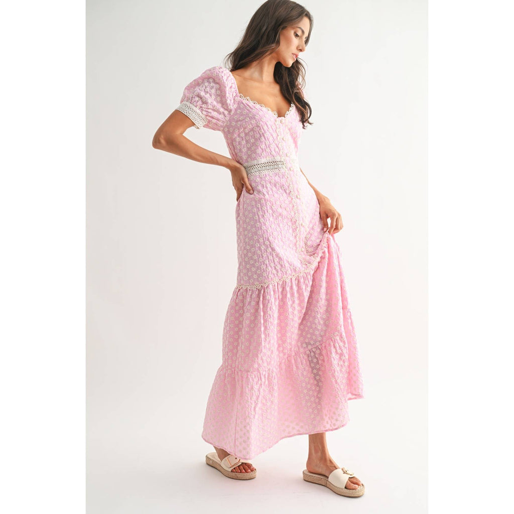 Camellia - PINK LACE-TRIMMED MAXI DRESS: LIGHT PINK/IVORY