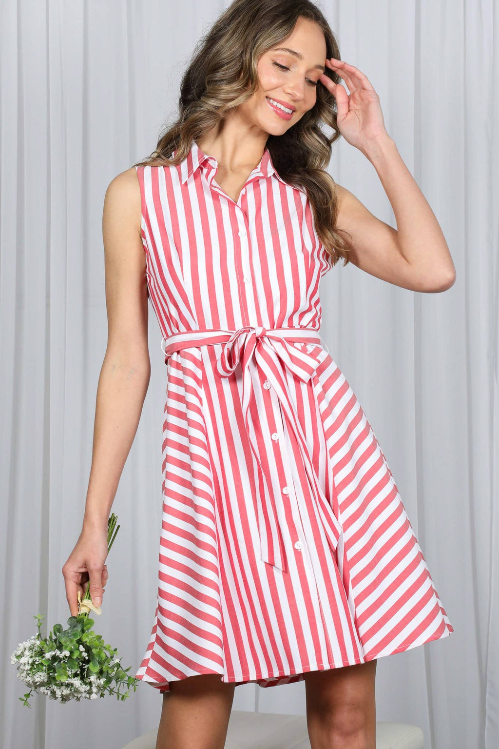 Vine & Love - Sleeveless Self Tie Striped Shirt Dress VD82763-: Red