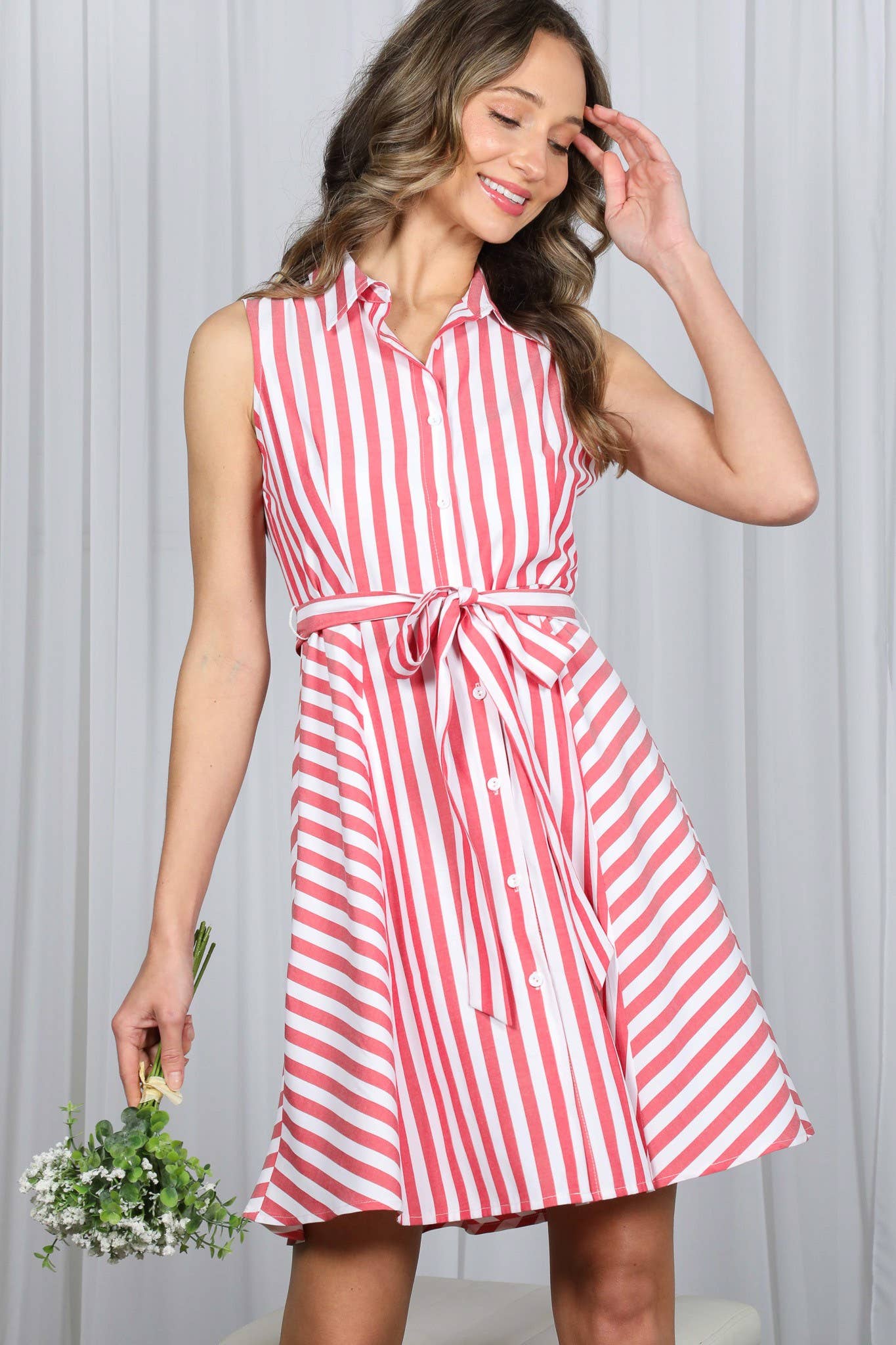 Vine & Love - Sleeveless Self Tie Striped Shirt Dress VD82763-: Red