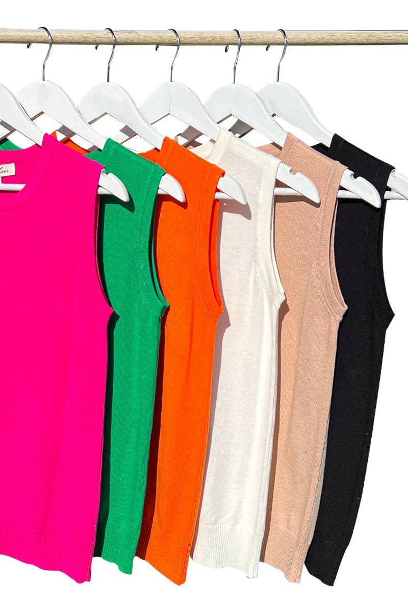 Vine & Love - Sleeveless Cut Crew Neck Knitted Sweater Top VT81407: Fuchsia