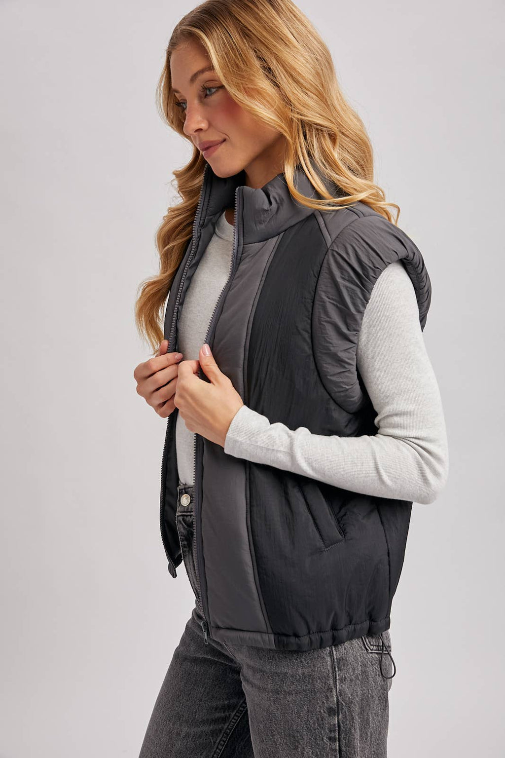 Bluivy - CONTRAST PUFFER ZIPPER DOWN VEST: LATTE COMBO / M
