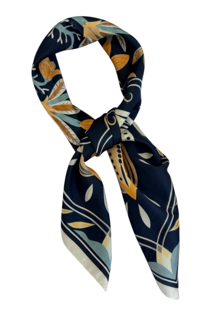 anbfashion - SYMMETRICAL BOTANICAL FLORAL SILKY SQUARE SCARF ICS1100: BLACK