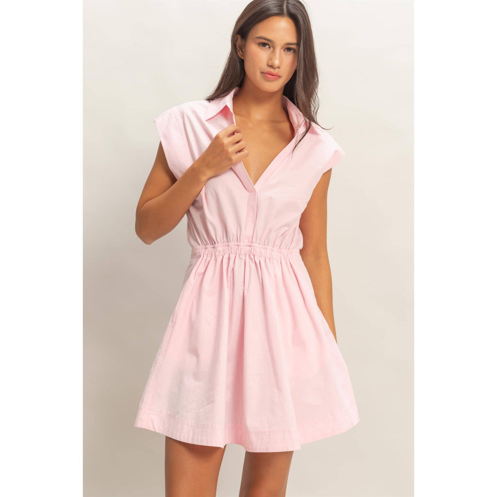 Double Zero - Sleeveless Collared Shirred Mini Dress: GREEN