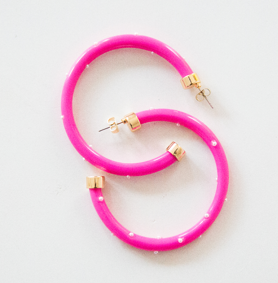 Hoo Hoops - Lightweight Large Hoop Earrings - Hot Pink with Pearls