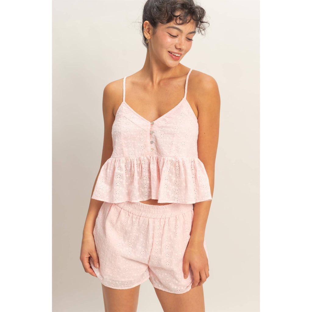 Double Zero - Eyelet Button Detail Peplum Top: RED