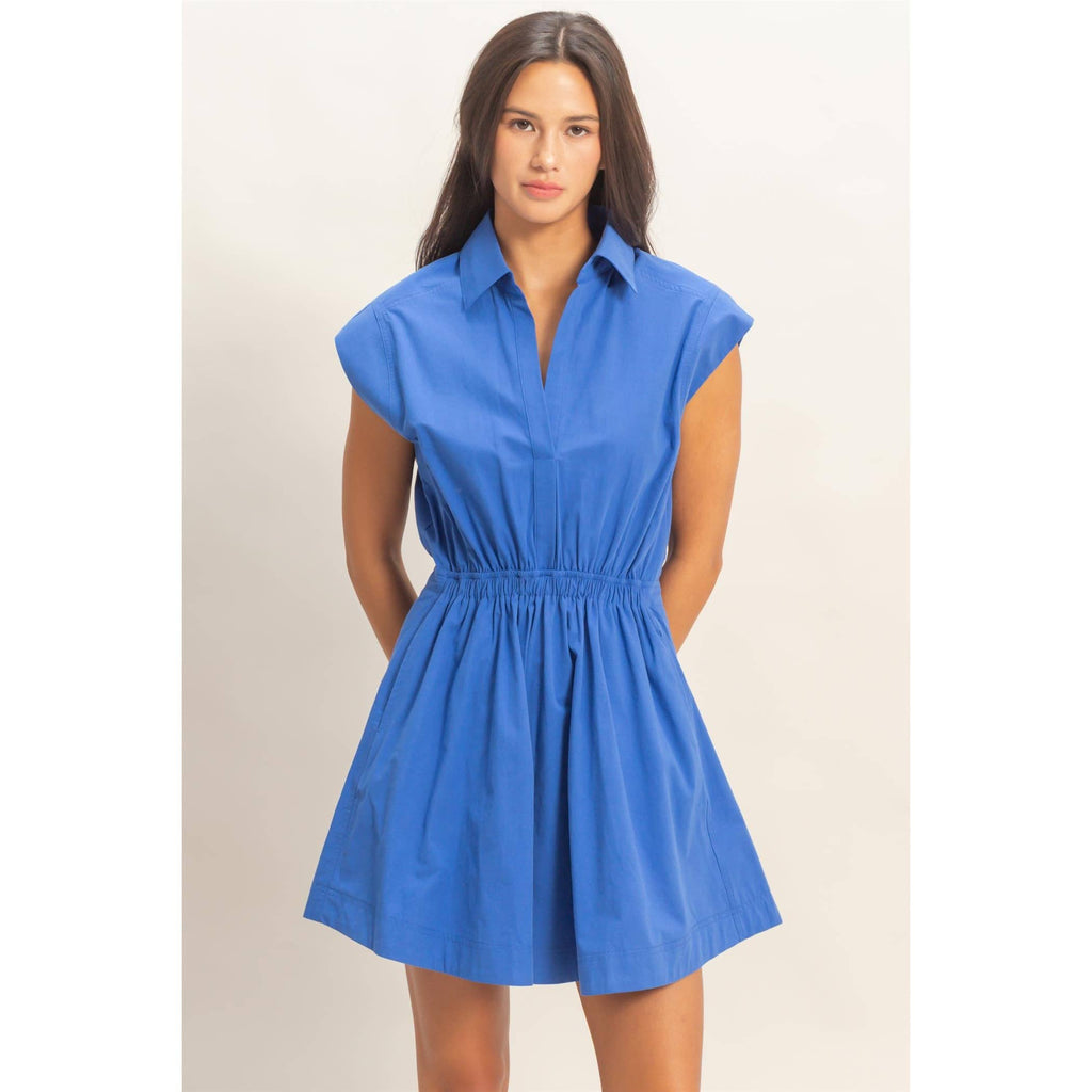 Double Zero - Sleeveless Collared Shirred Mini Dress: GREEN
