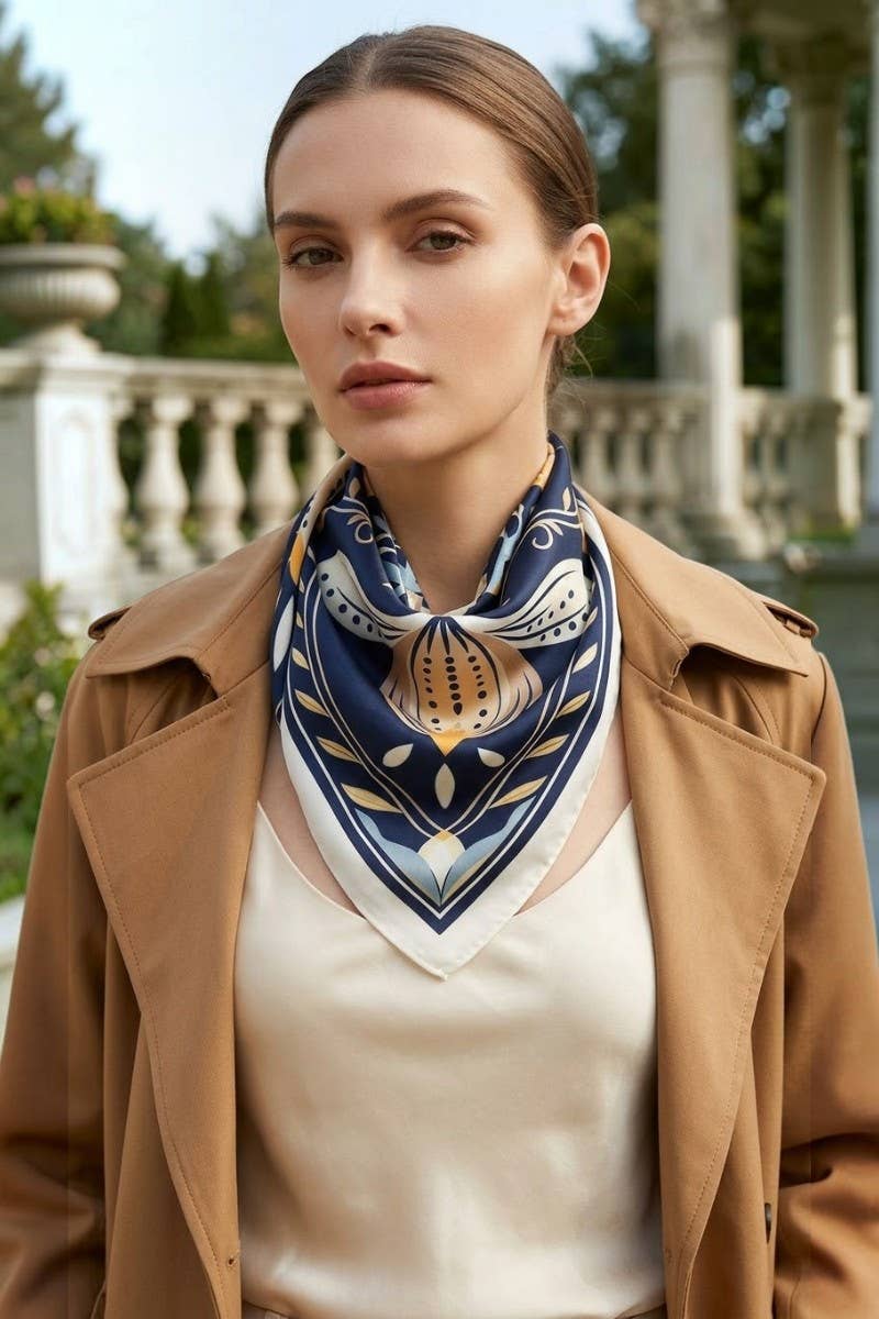 anbfashion - SYMMETRICAL BOTANICAL FLORAL SILKY SQUARE SCARF ICS1100: BLACK