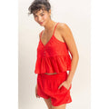 Double Zero - Eyelet Button Detail Peplum Top: RED