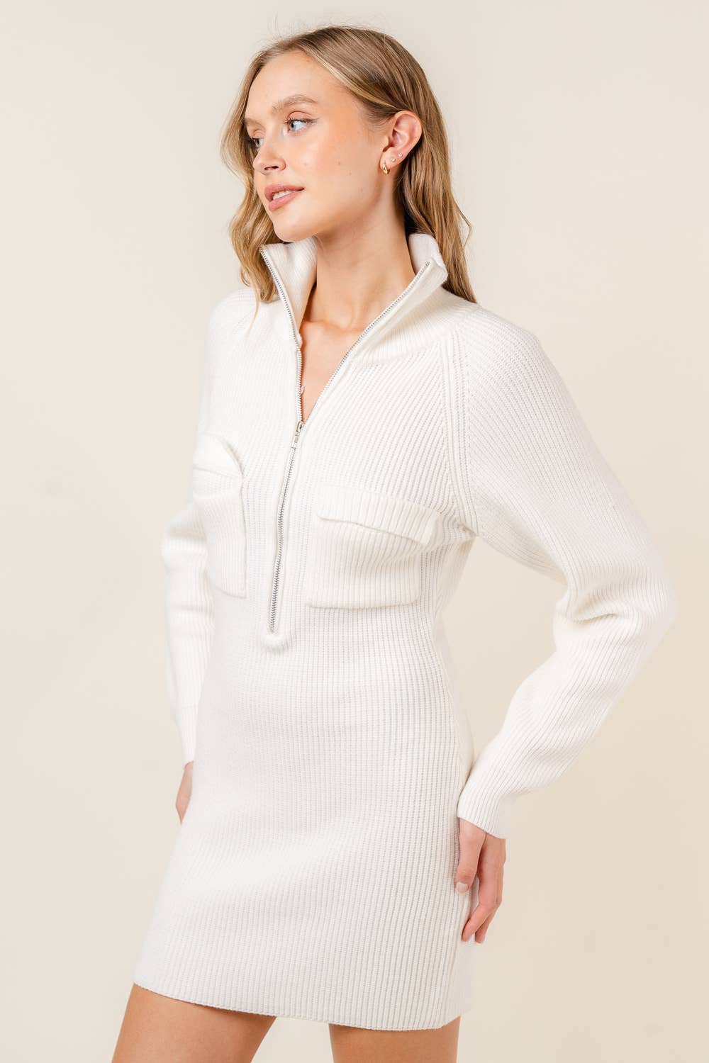 Fore Collection - COZY COMFY ZIPPER LONG SLV KNIT SWEATER MINI DRESS