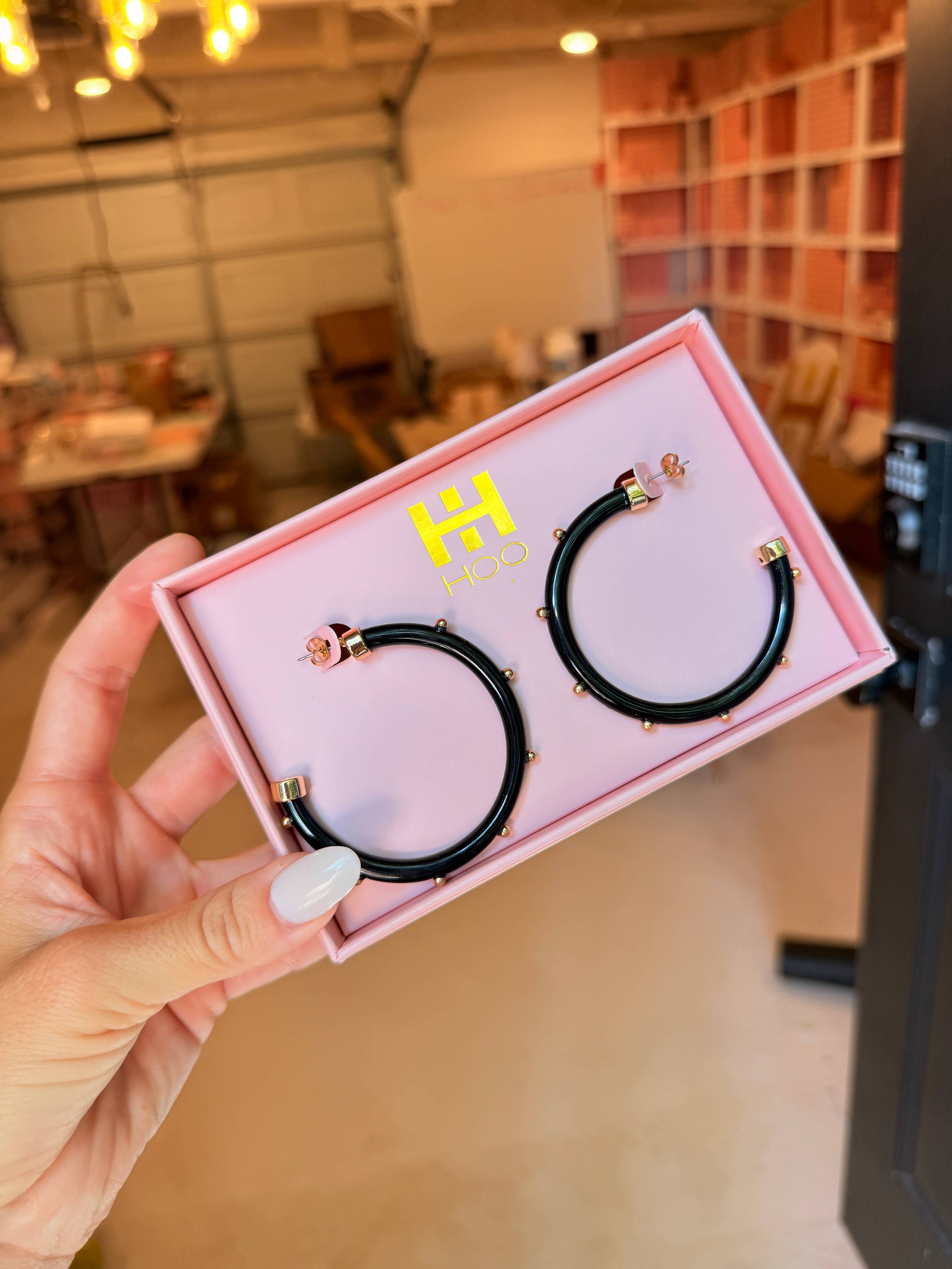 Hoo Hoops - Lightweight Large Hoop Earrings - Black with Gold 