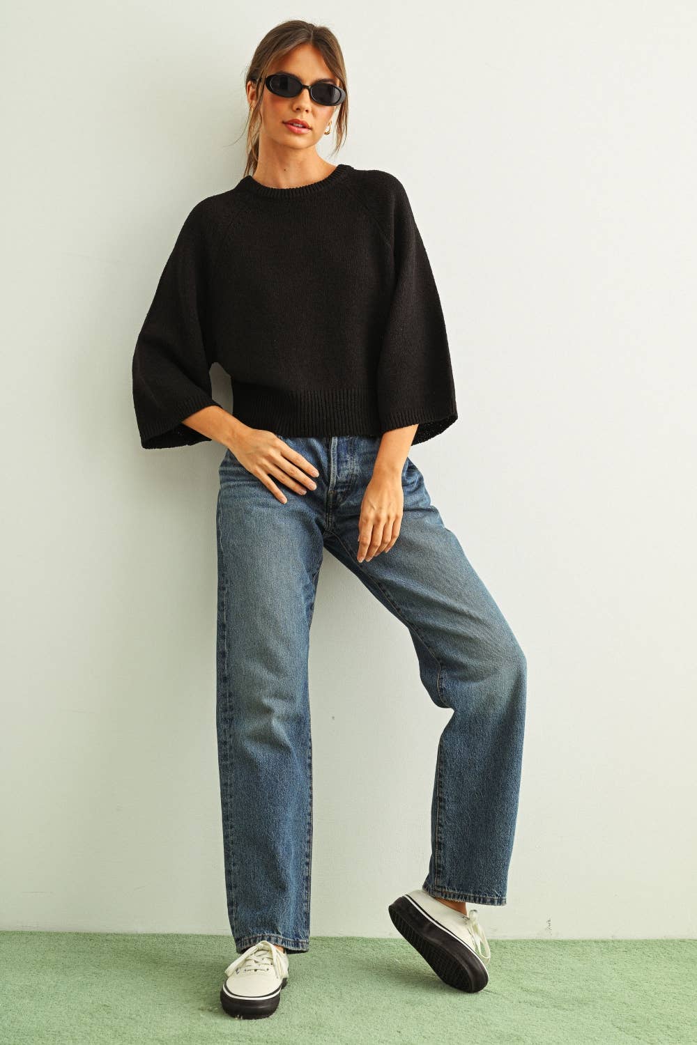 MIOU MUSE - T6252   ROUND NECK 3/4 SLEEVE KNITTED TOP: BLACK