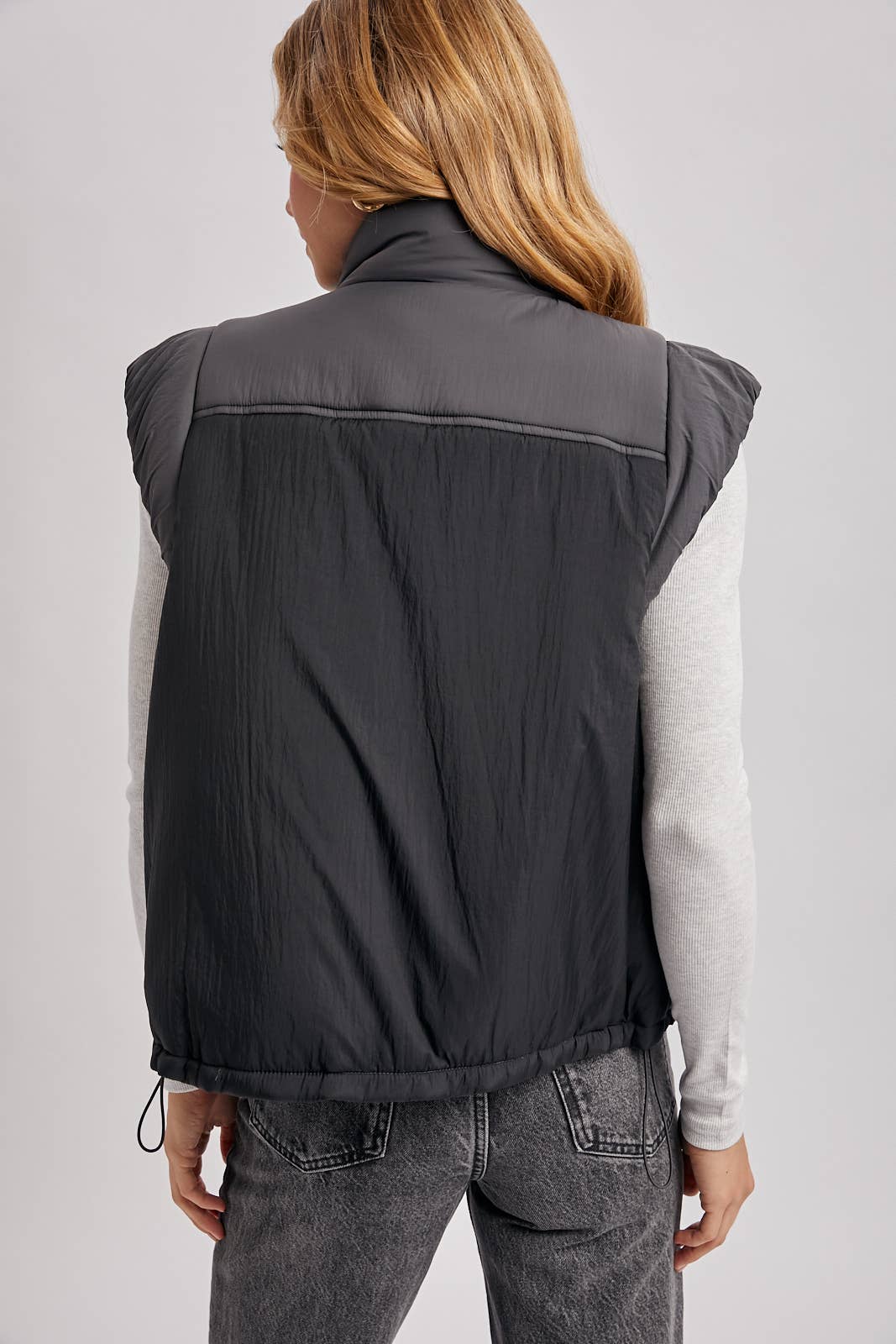 Bluivy - CONTRAST PUFFER ZIPPER DOWN VEST: LATTE COMBO / M
