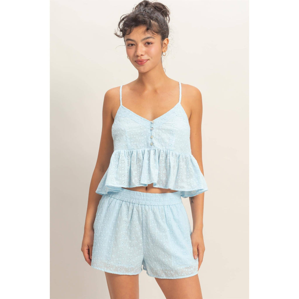 Double Zero - Eyelet Button Detail Peplum Top: RED