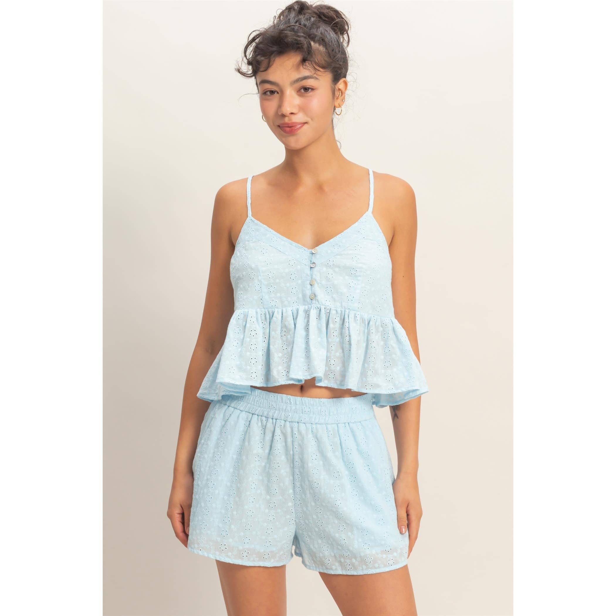 Double Zero - Eyelet Button Detail Peplum Top: RED