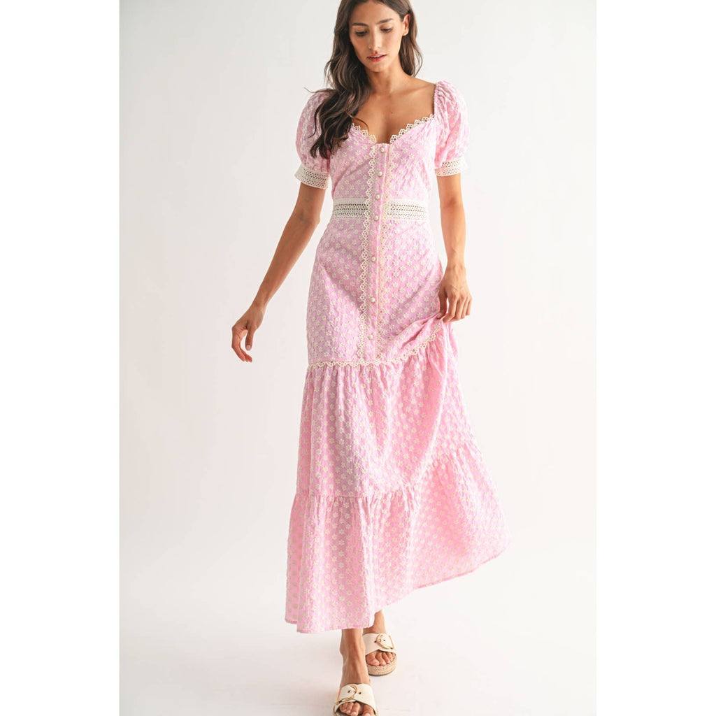 Camellia - PINK LACE-TRIMMED MAXI DRESS: LIGHT PINK/IVORY