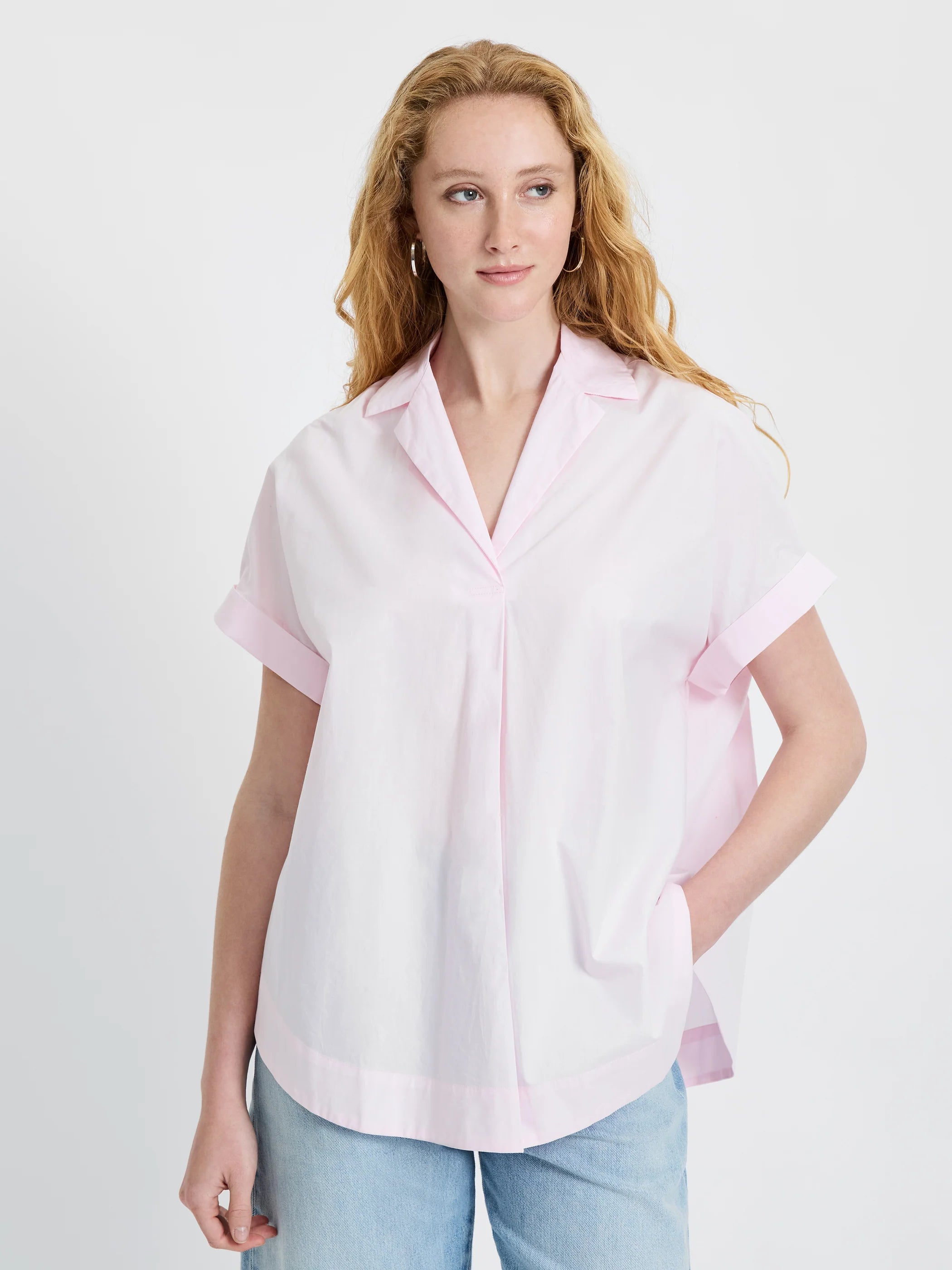 French Connection Rhodes Poplin Collared Short Sleeve Top Pink Ice