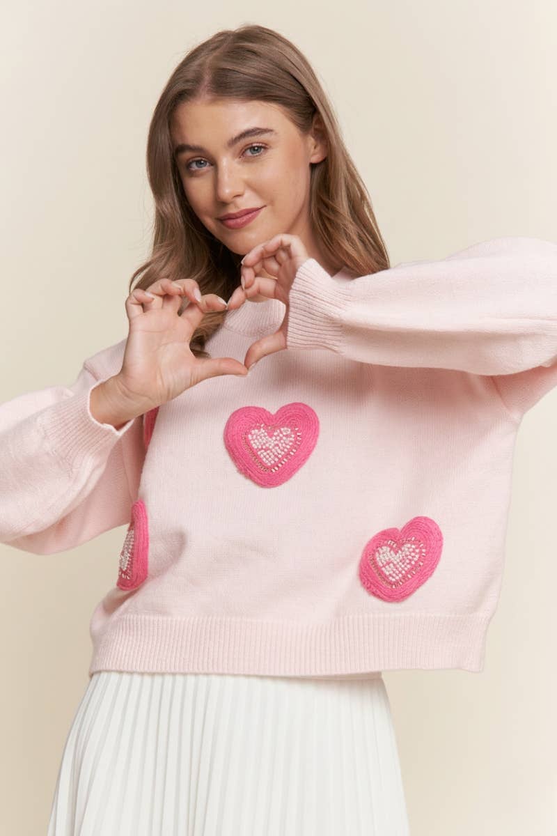 J.NNA - HEARTS PEARL Embroidered Sweater Top: Baby Pink