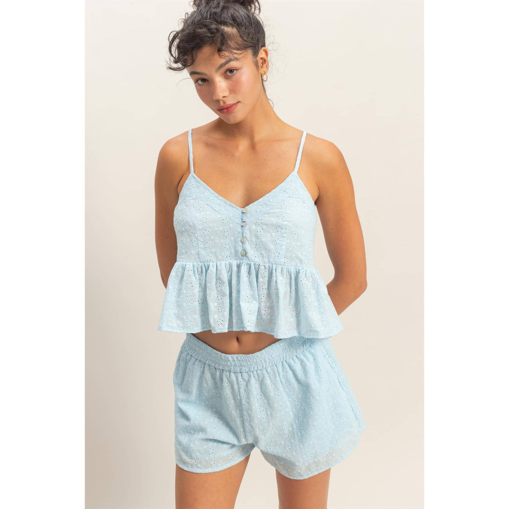 Double Zero - Eyelet Button Detail Peplum Top: RED