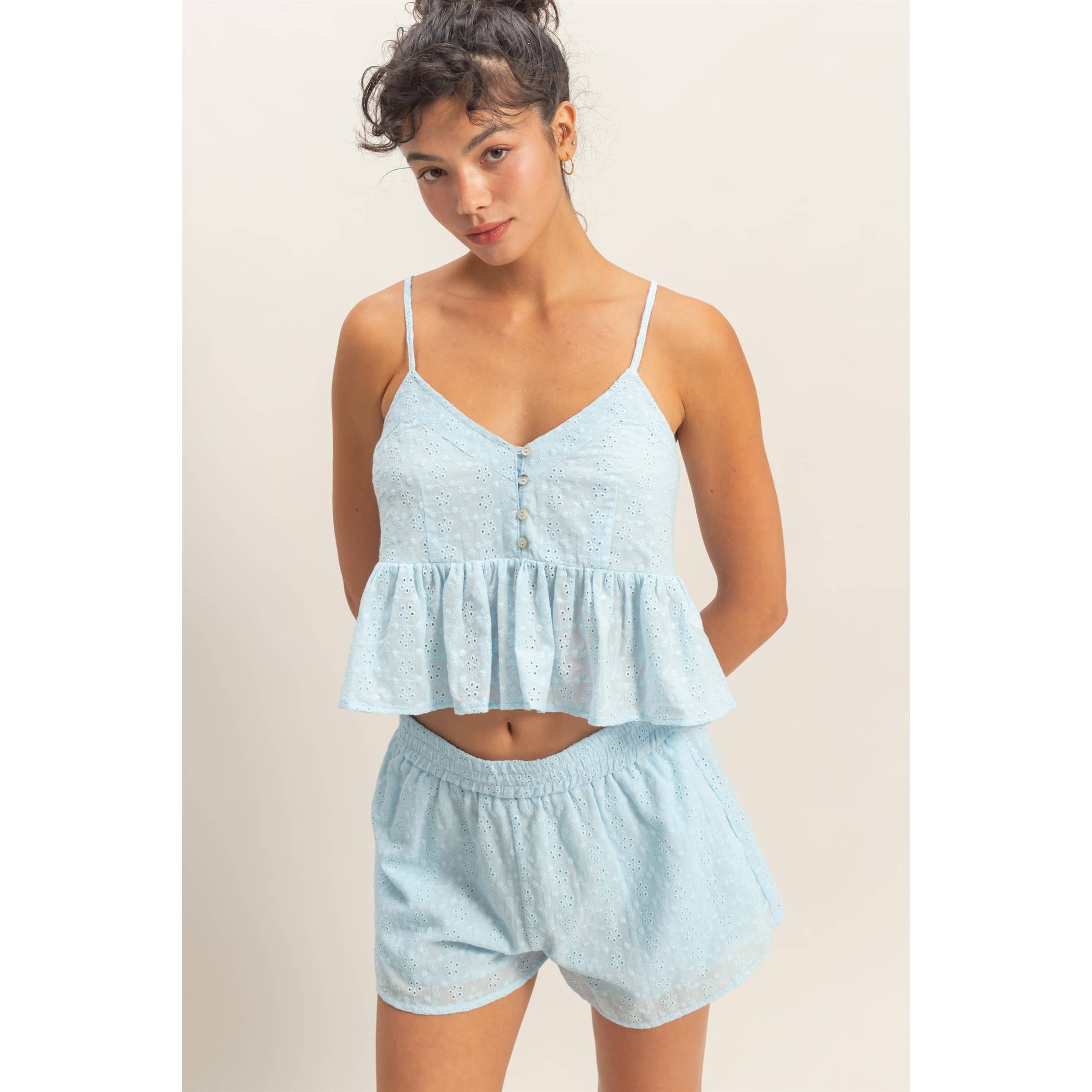 Double Zero - Eyelet Button Detail Peplum Top: RED
