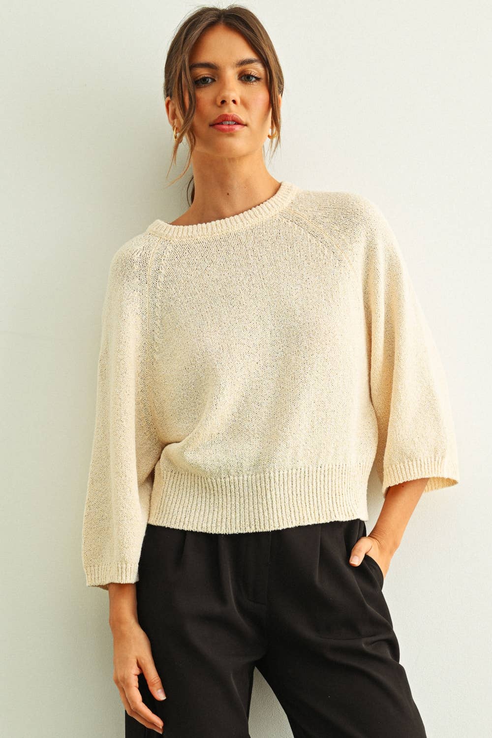 MIOU MUSE - T6252   ROUND NECK 3/4 SLEEVE KNITTED TOP: BLACK