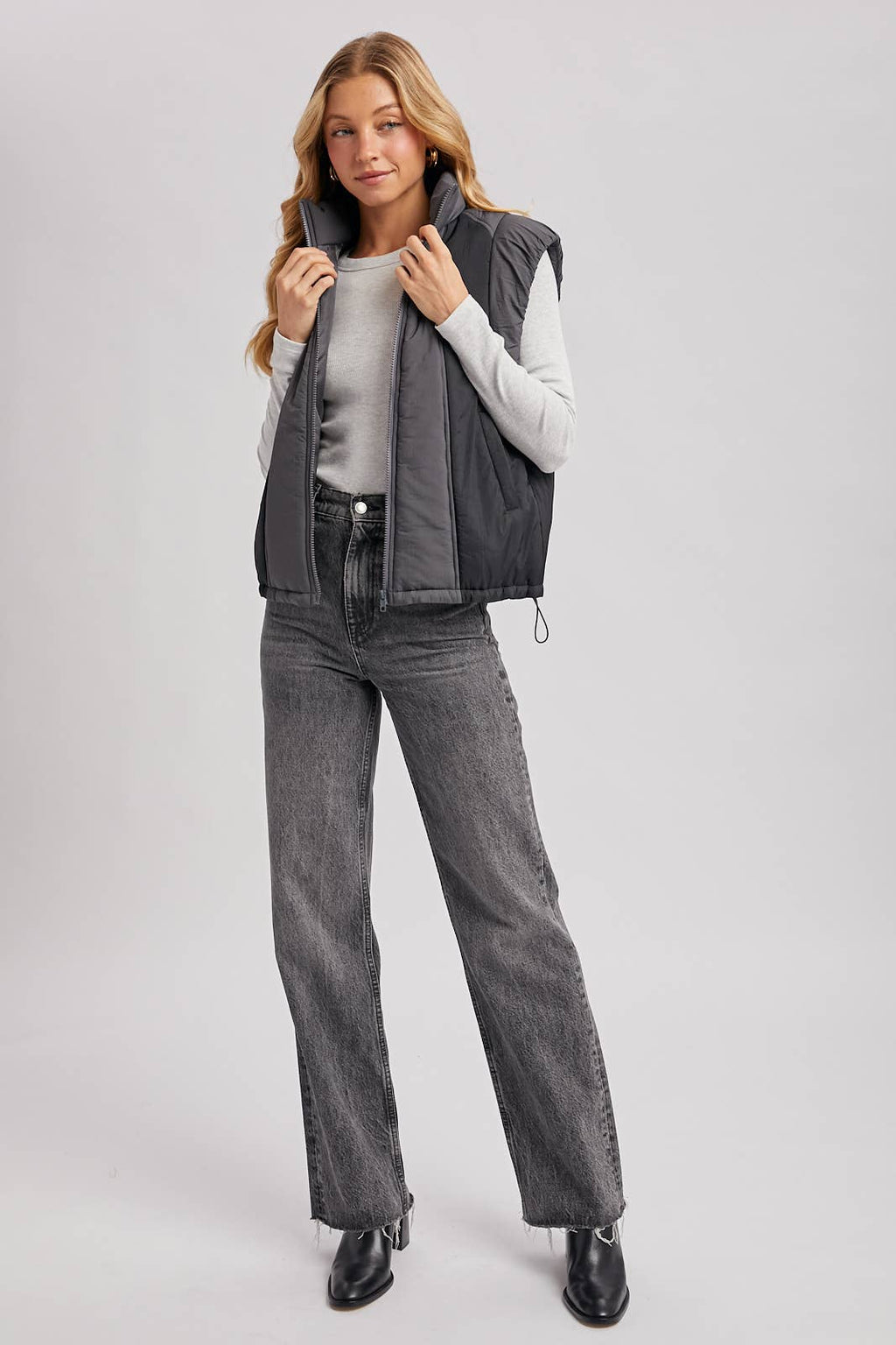 Bluivy - CONTRAST PUFFER ZIPPER DOWN VEST: LATTE COMBO / M