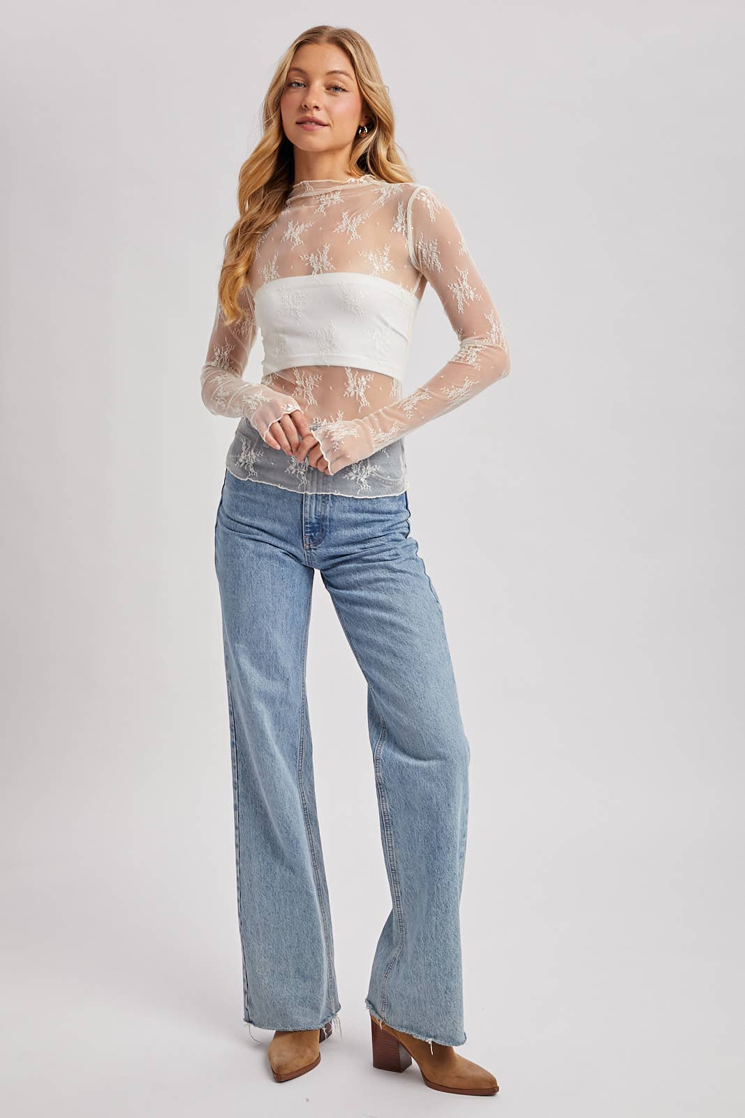 Bluivy - FLORAL EMBROIDERY LACE MESH LAYERING TOP: IVORY