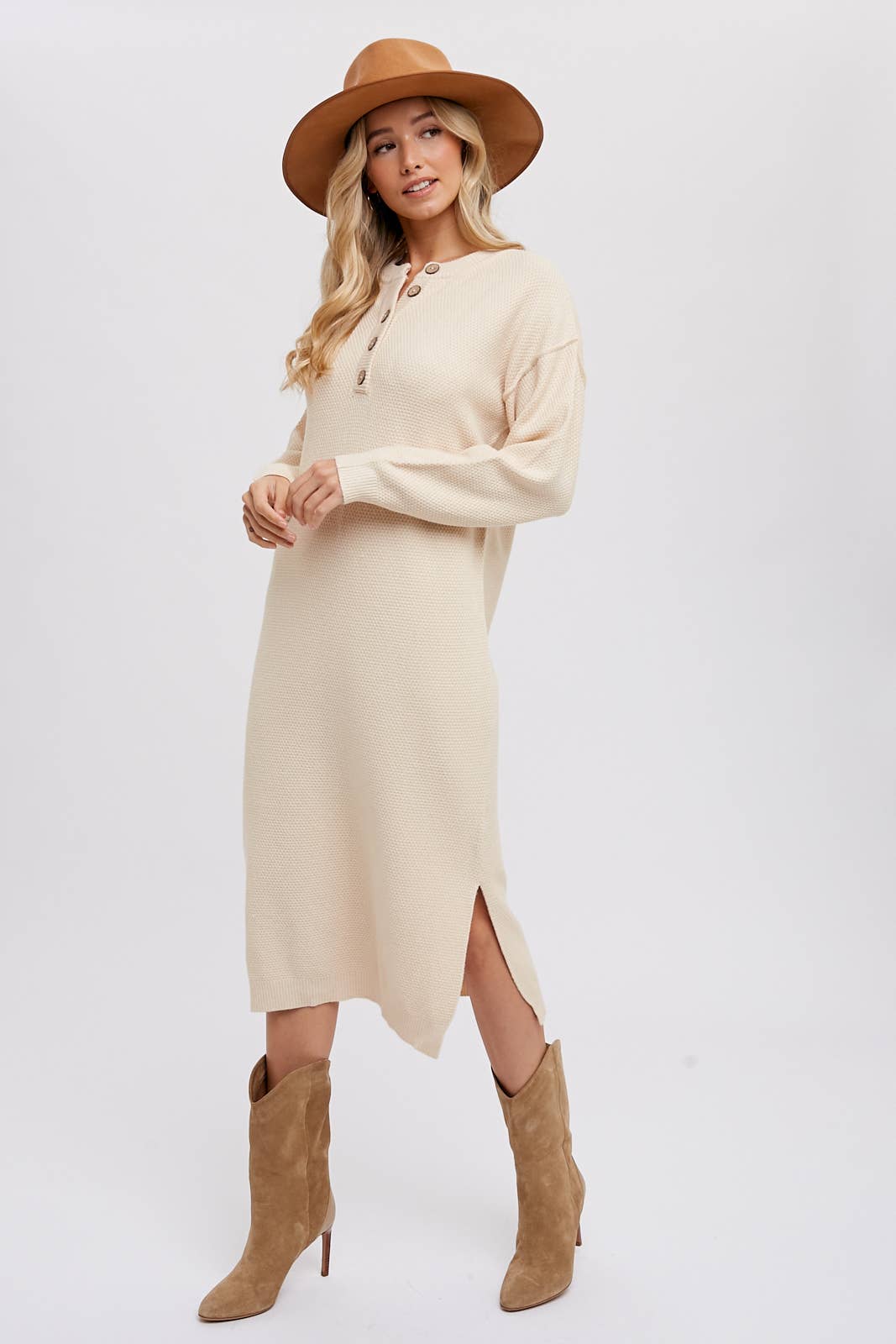 Bluivy - BUTTON FRONT MIDI SWEATER DRESS: FOREST / M