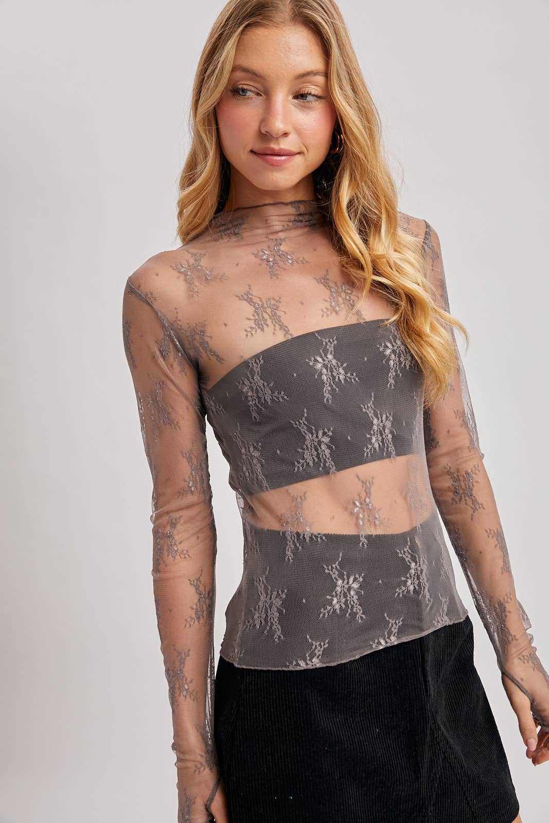Bluivy - FLORAL EMBROIDERY LACE MESH LAYERING TOP: HAZELNUT