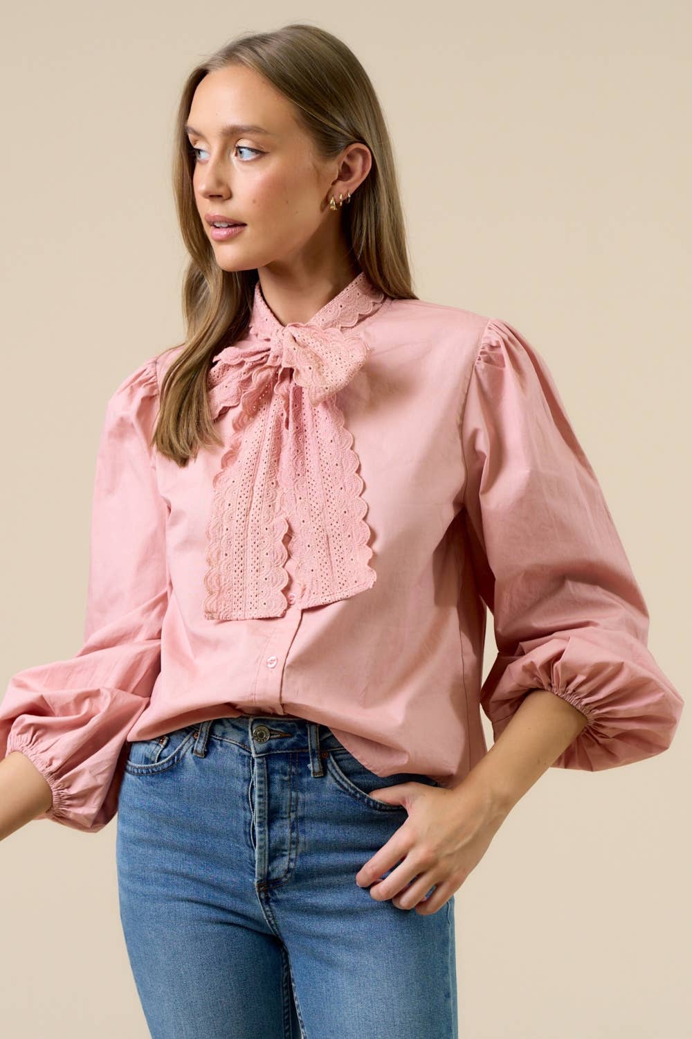 Lalavon - Ribbon Neck Blouse
