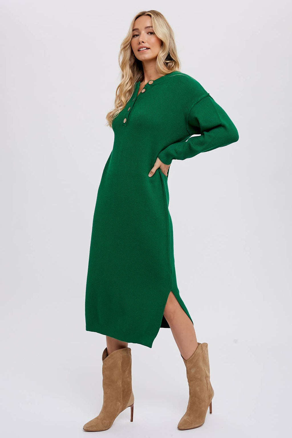 Bluivy - BUTTON FRONT MIDI SWEATER DRESS: FOREST / M