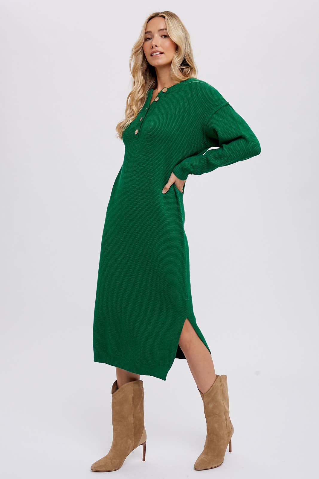 Bluivy - BUTTON FRONT MIDI SWEATER DRESS: FOREST / M
