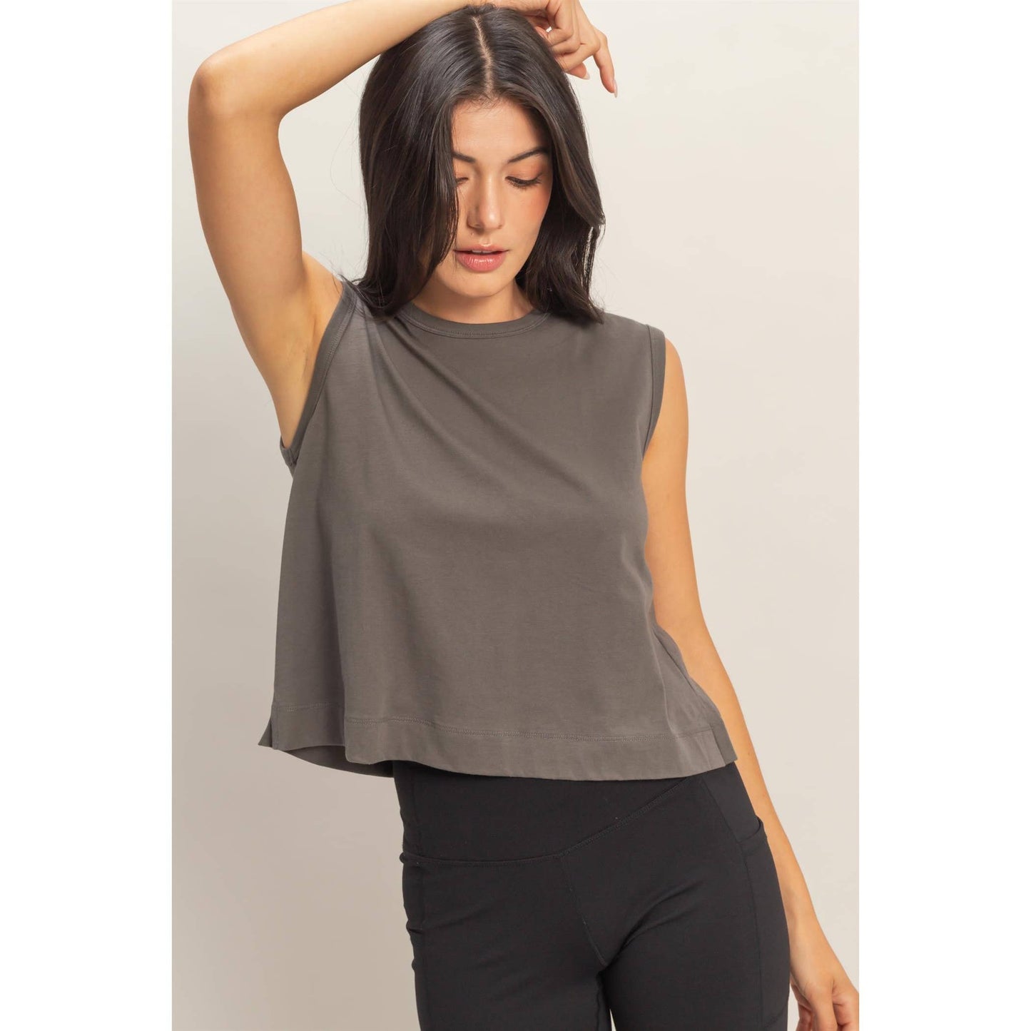 Double Zero - Sleeveless Crew Neck Top With Back Pleats: BLUE
