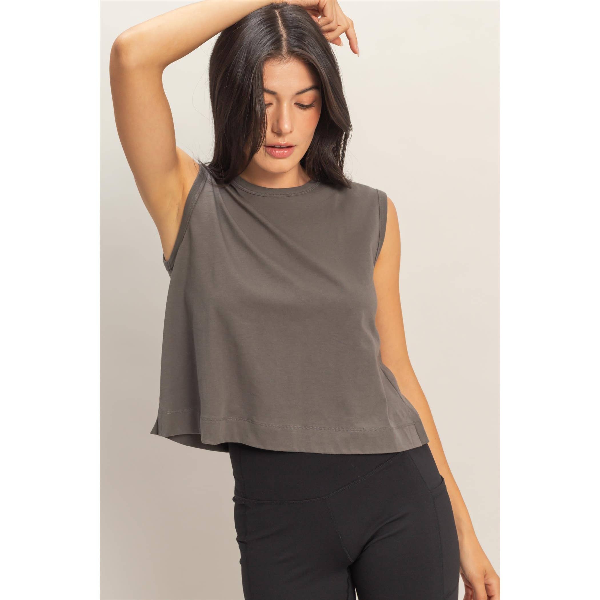 Double Zero - Sleeveless Crew Neck Top With Back Pleats: BLUE