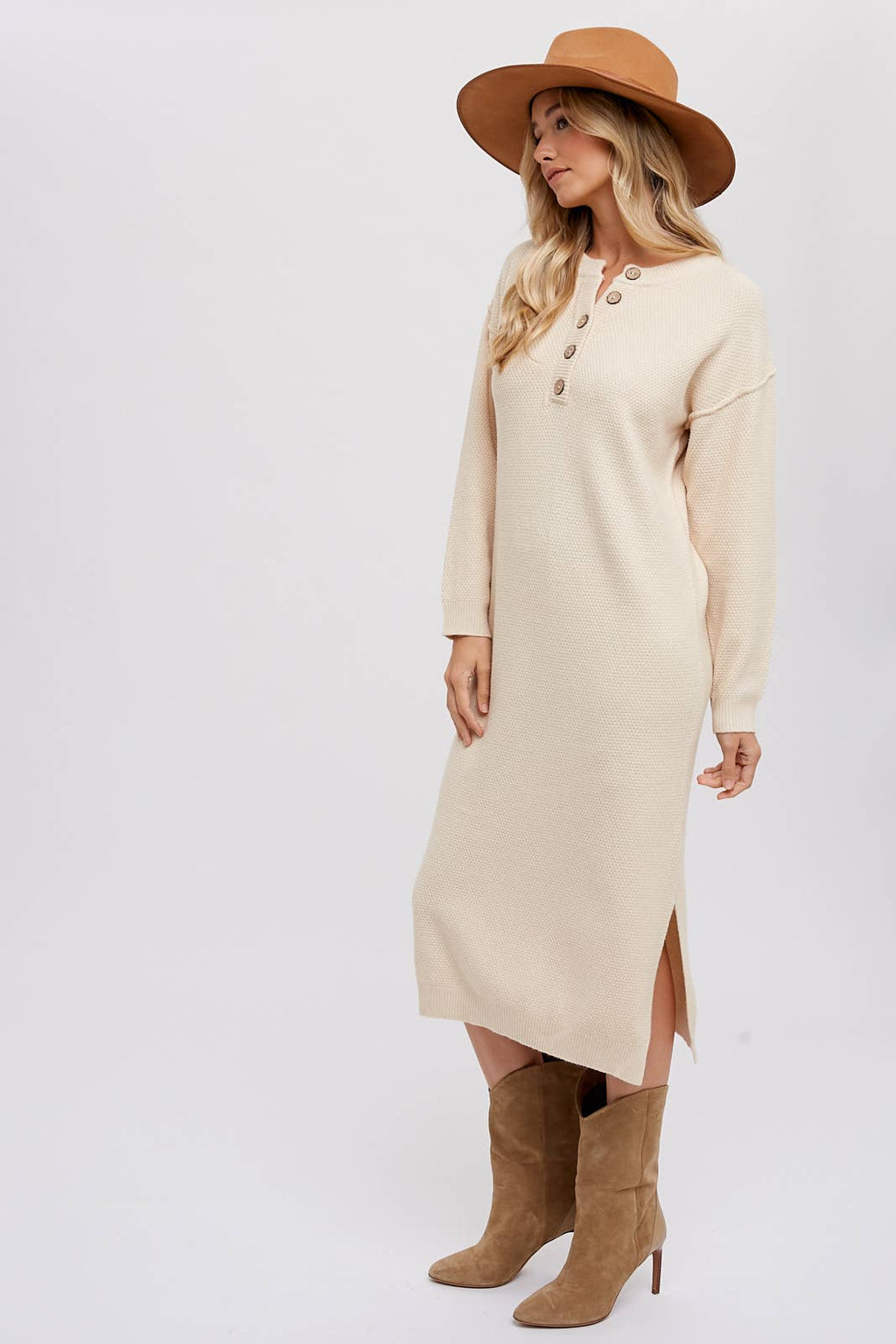 Bluivy - BUTTON FRONT MIDI SWEATER DRESS: FOREST / M