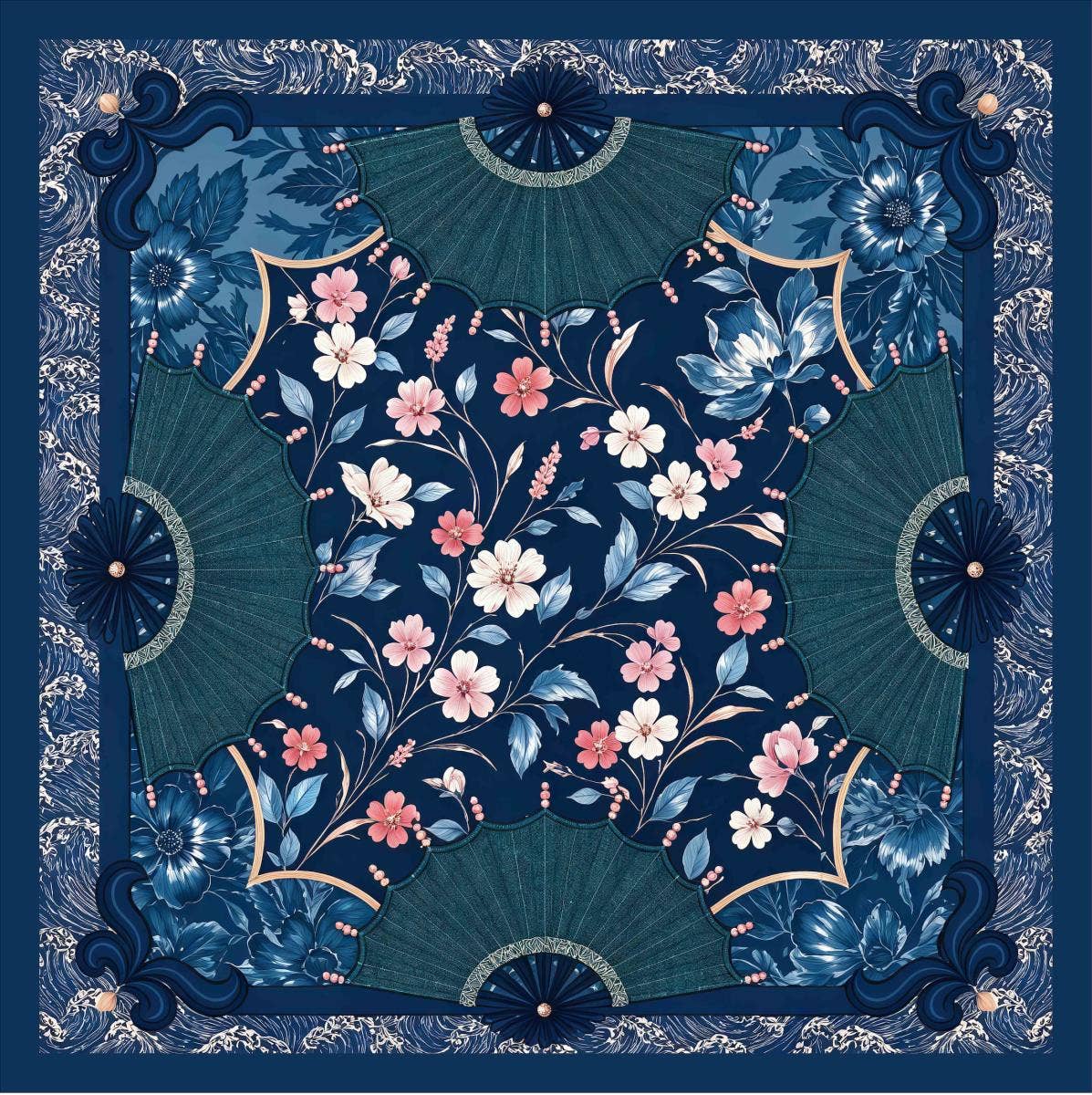 anbfashion - Mahjong Print Square Scarf WLQS-593: NVY