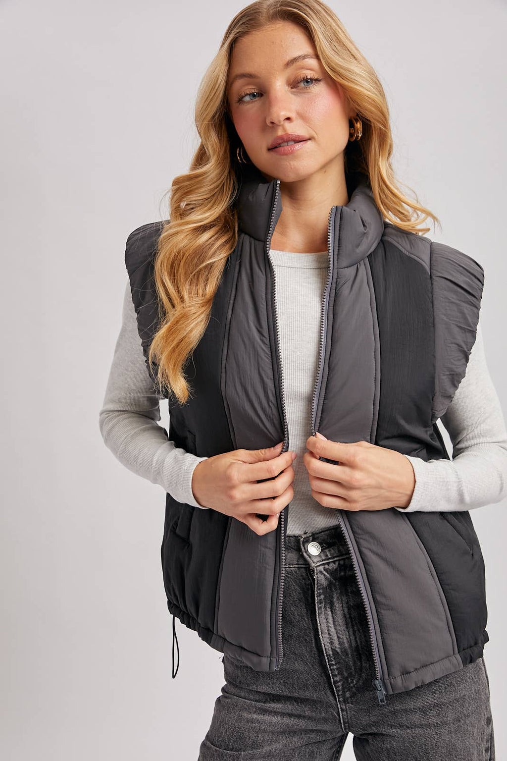 Bluivy - CONTRAST PUFFER ZIPPER DOWN VEST: LATTE COMBO / M