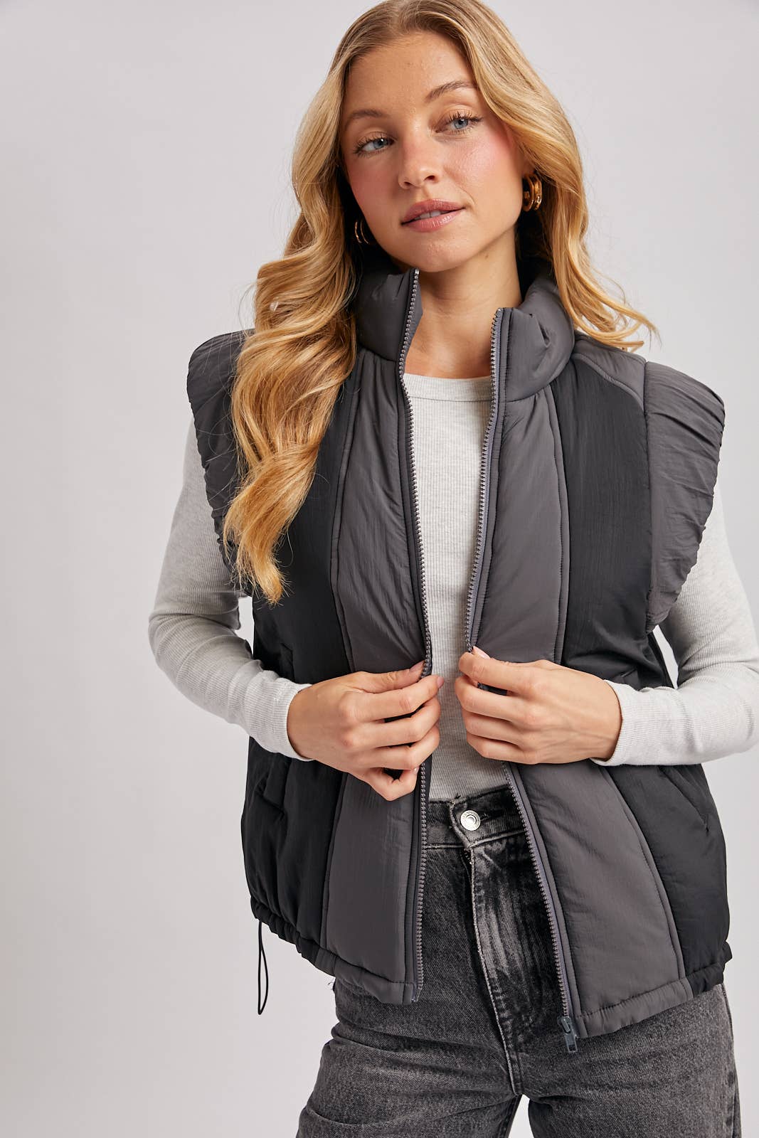 Bluivy - CONTRAST PUFFER ZIPPER DOWN VEST: LATTE COMBO / M