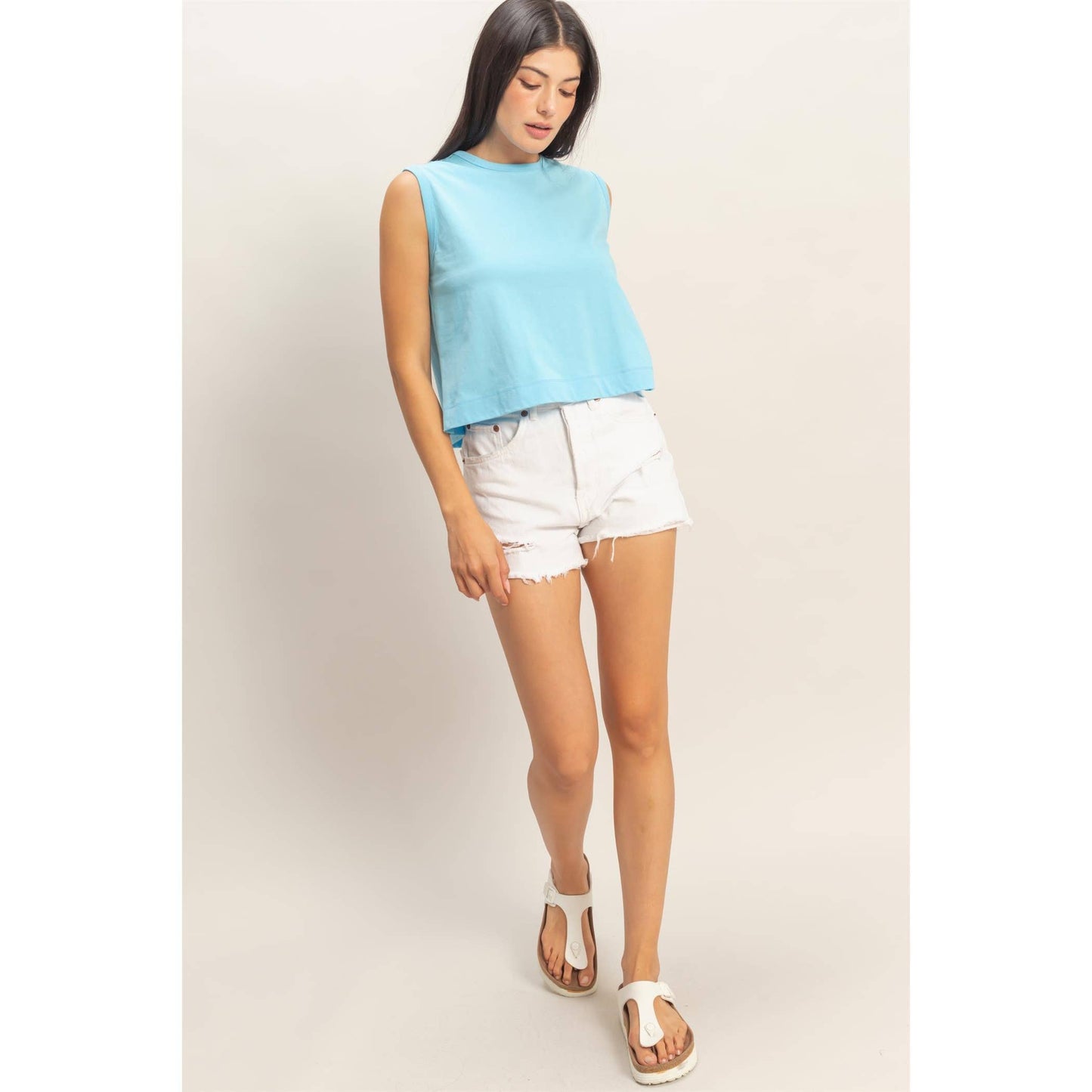 Double Zero - Sleeveless Crew Neck Top With Back Pleats: SOFT PINK