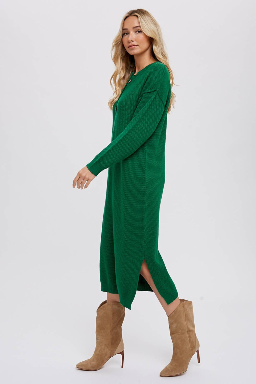 Bluivy - BUTTON FRONT MIDI SWEATER DRESS: FOREST / M