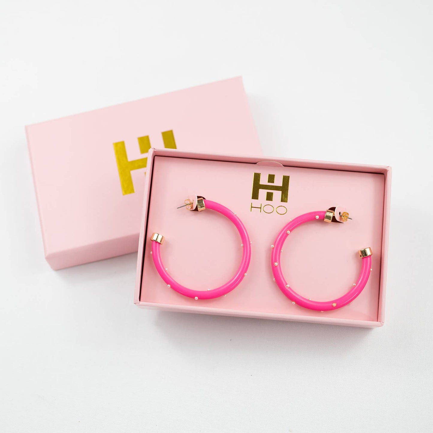 Hoo Hoops - Lightweight Large Hoop Earrings - Hot Pink with Pearls