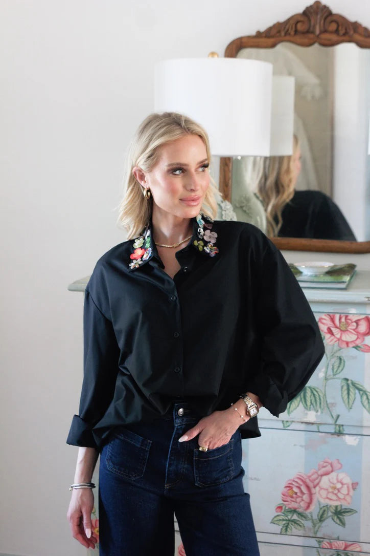 Karlie Black Novelty Button Collar Poplin Top