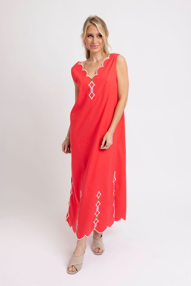 Karlie Solid V-neck Scallop Coral Dress