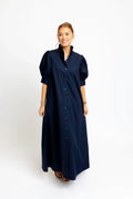 Karlie Solid Poplin Navy Ruffle Neck Maxi Shirt Dress